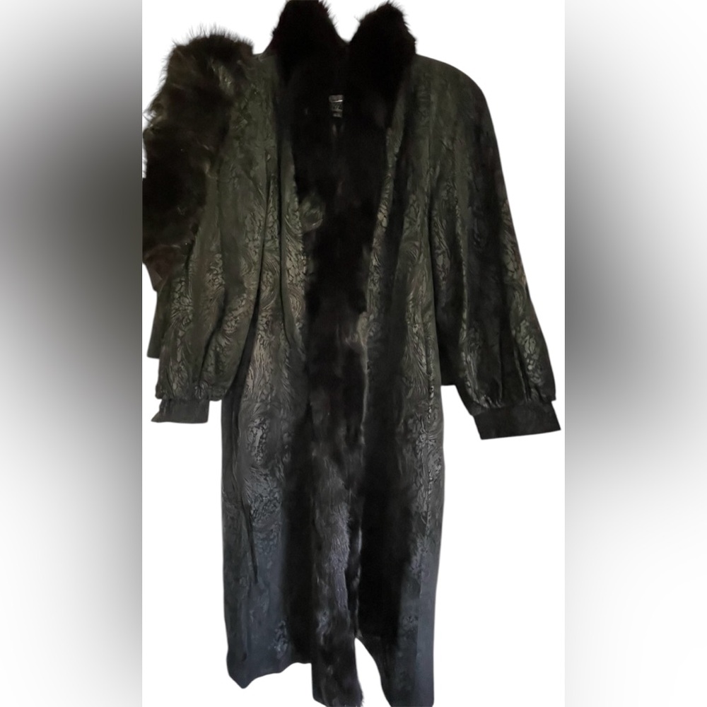 Black Fox and Leather Long Coat w/ Matching Fox Headband .